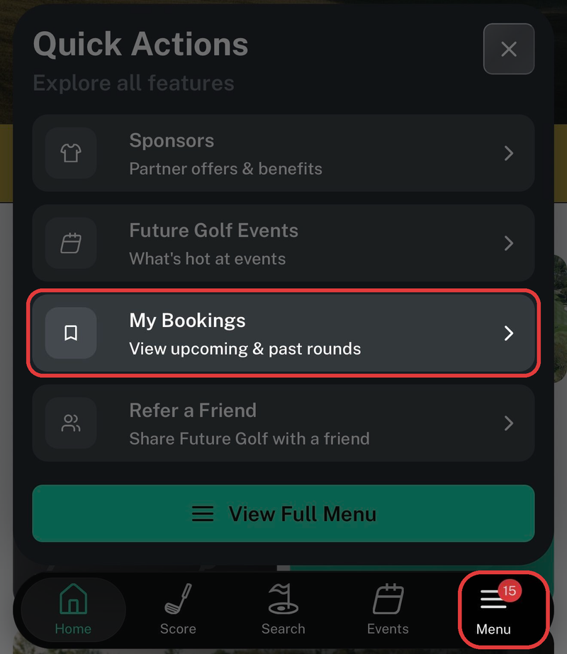 Future Golf app menu with Menu and My Bookings highlighted