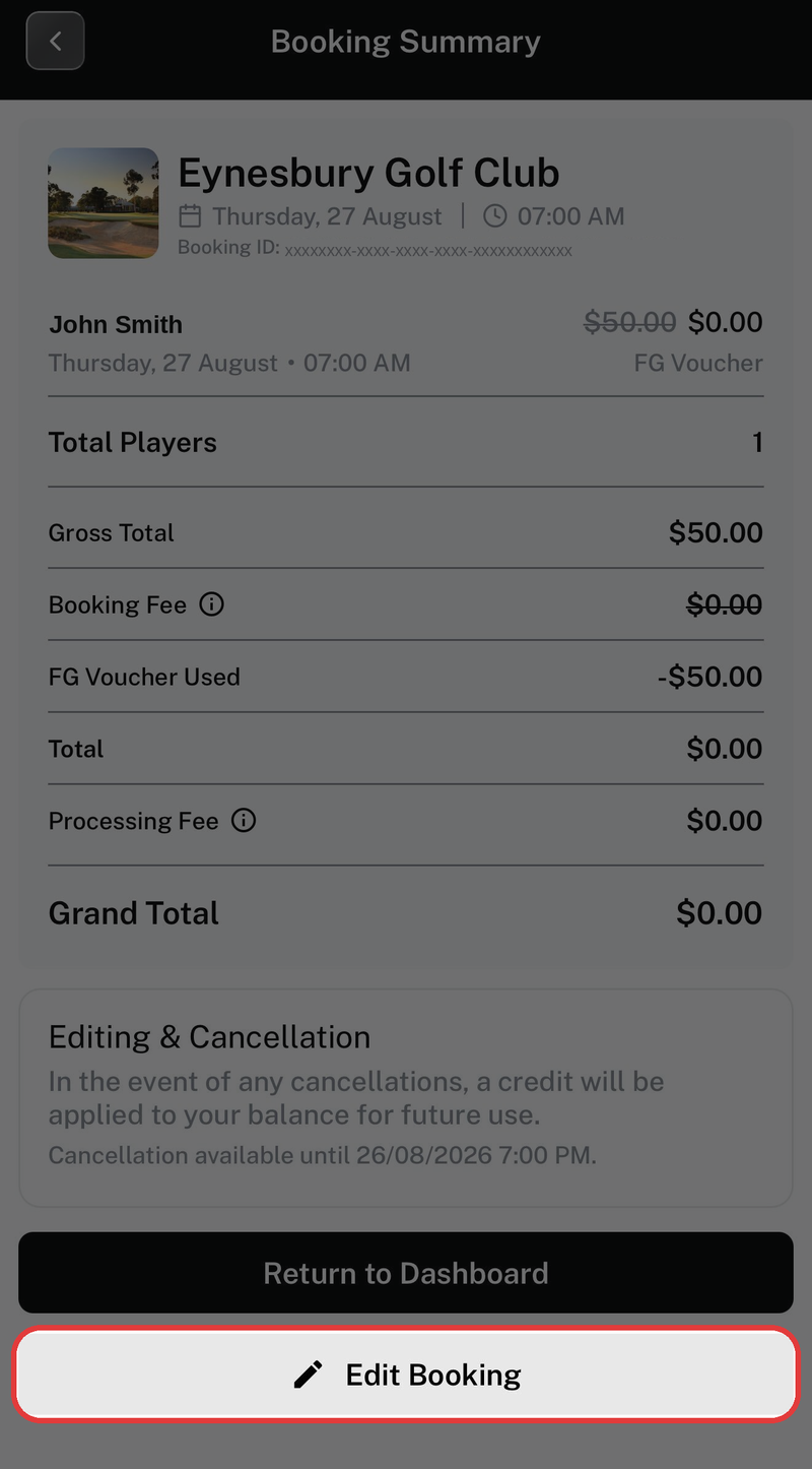 Booking Summary screen with the Edit Booking button highlighted