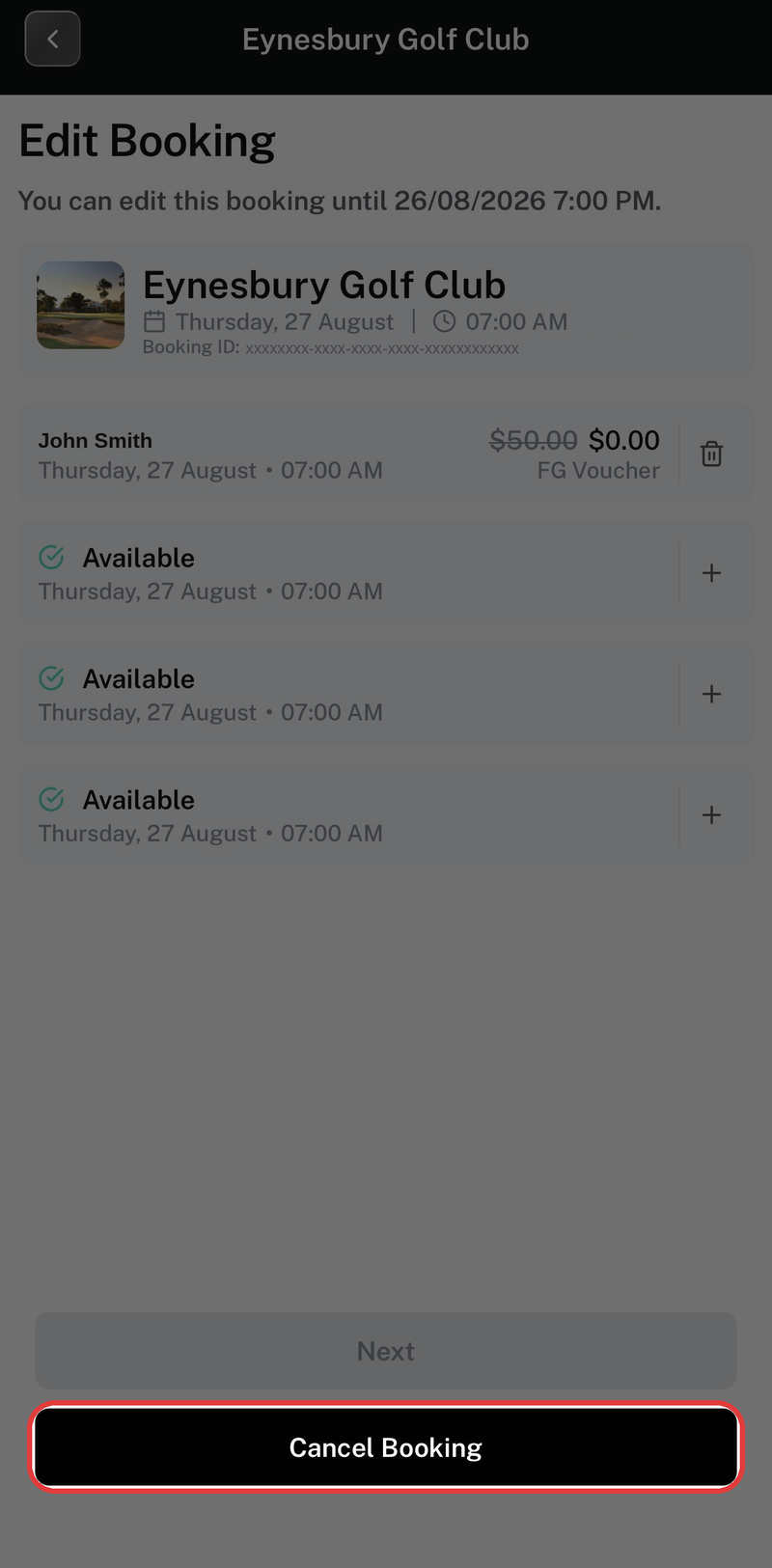 Edit Booking screen with the Cancel Booking button highlighted