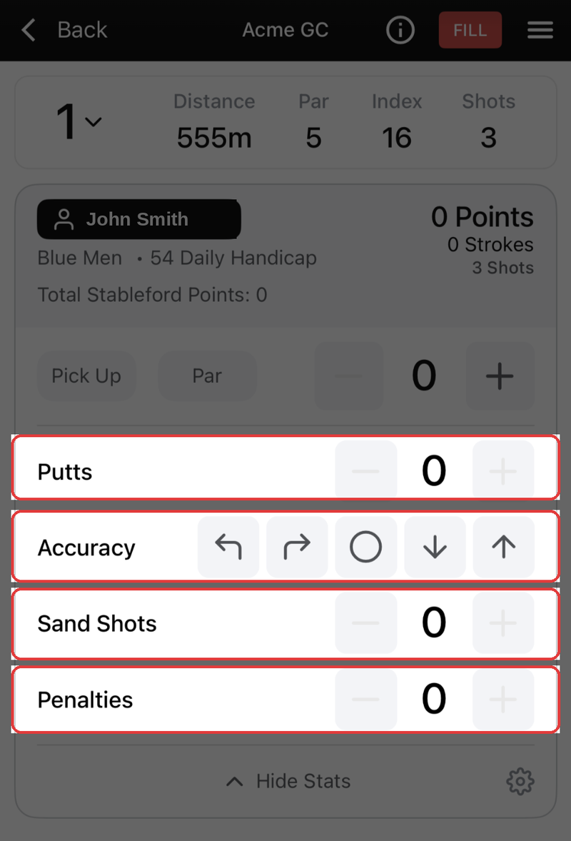 Live Scoring hole screen with the Putts, Accuracy, Sand Shots and Penalties sections spotlighted with a red outline