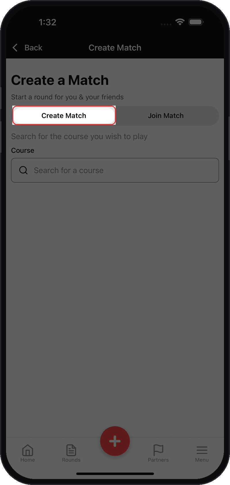 Create a Match screen with the Create Match tab highlighted