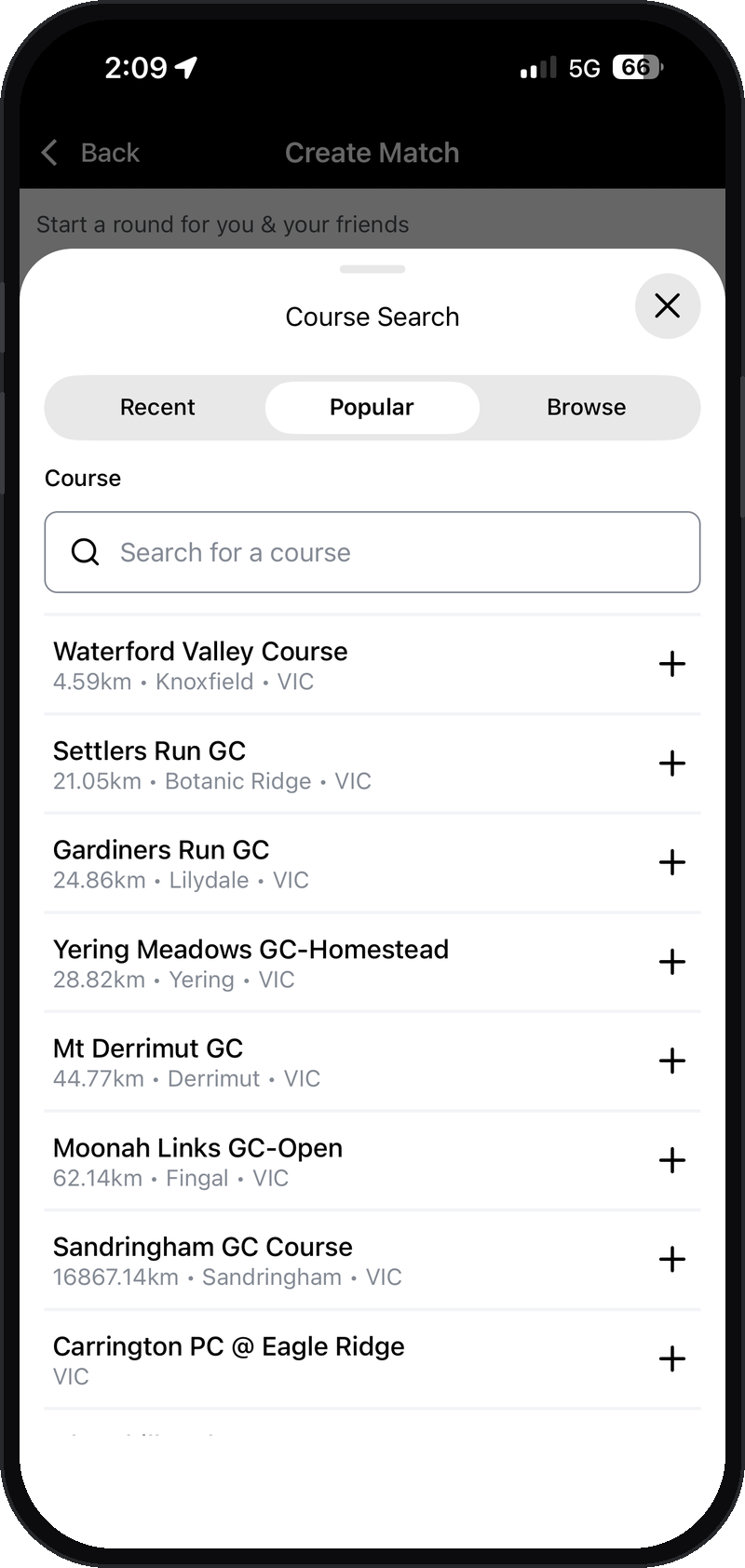 Course Search screen showing a list of nearby golf courses