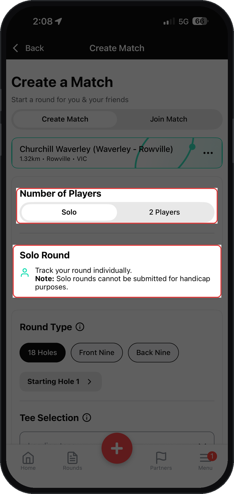 Create a Match settings screen with the Number of Players toggle and the Solo Round note highlighted, showing that solo rounds cannot be submitted for handicap purposes