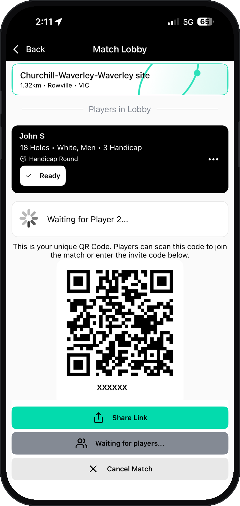 Match Lobby screen showing the unique QR code and invite code while waiting for the second player to join