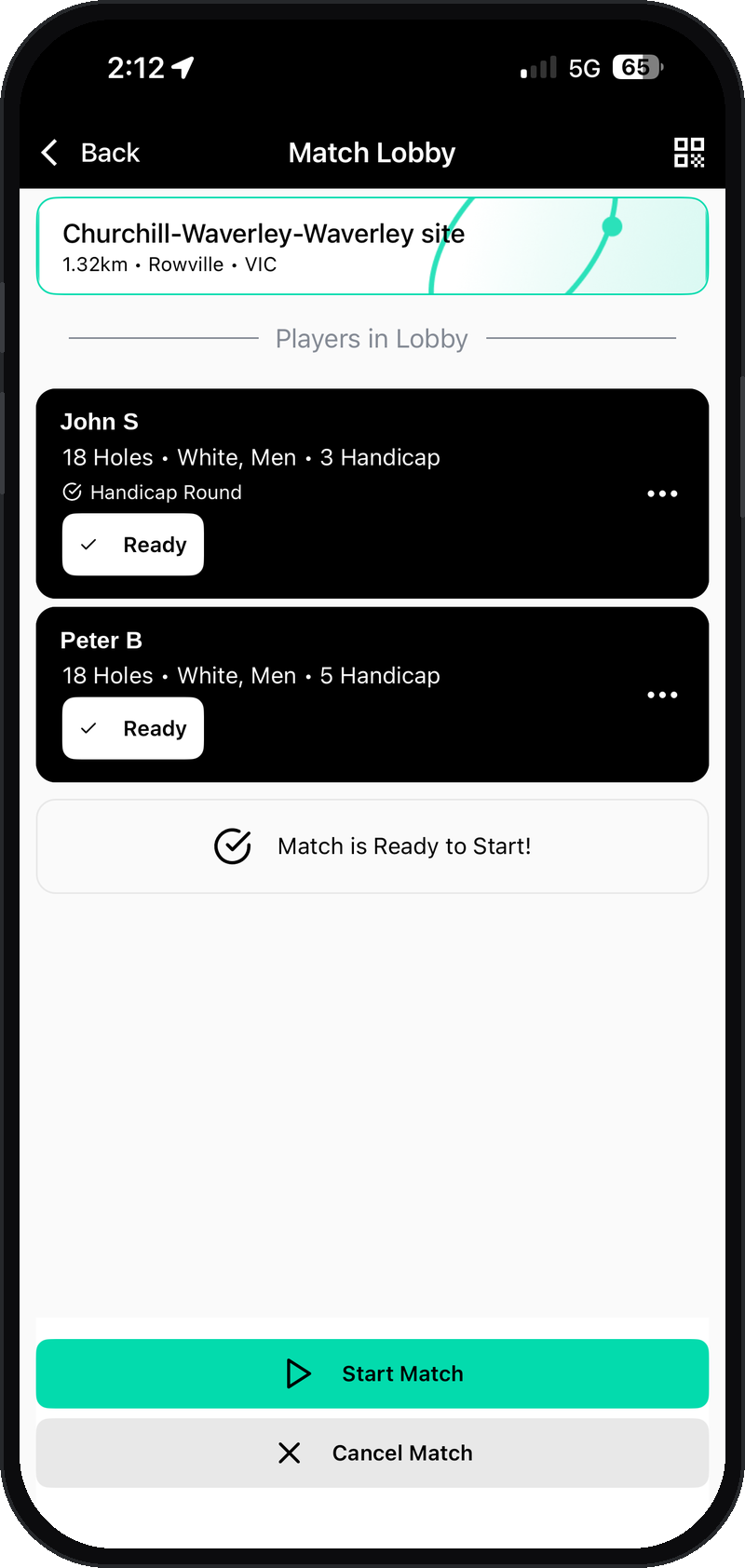 Match Lobby screen showing both players marked as Ready and the Start Match button