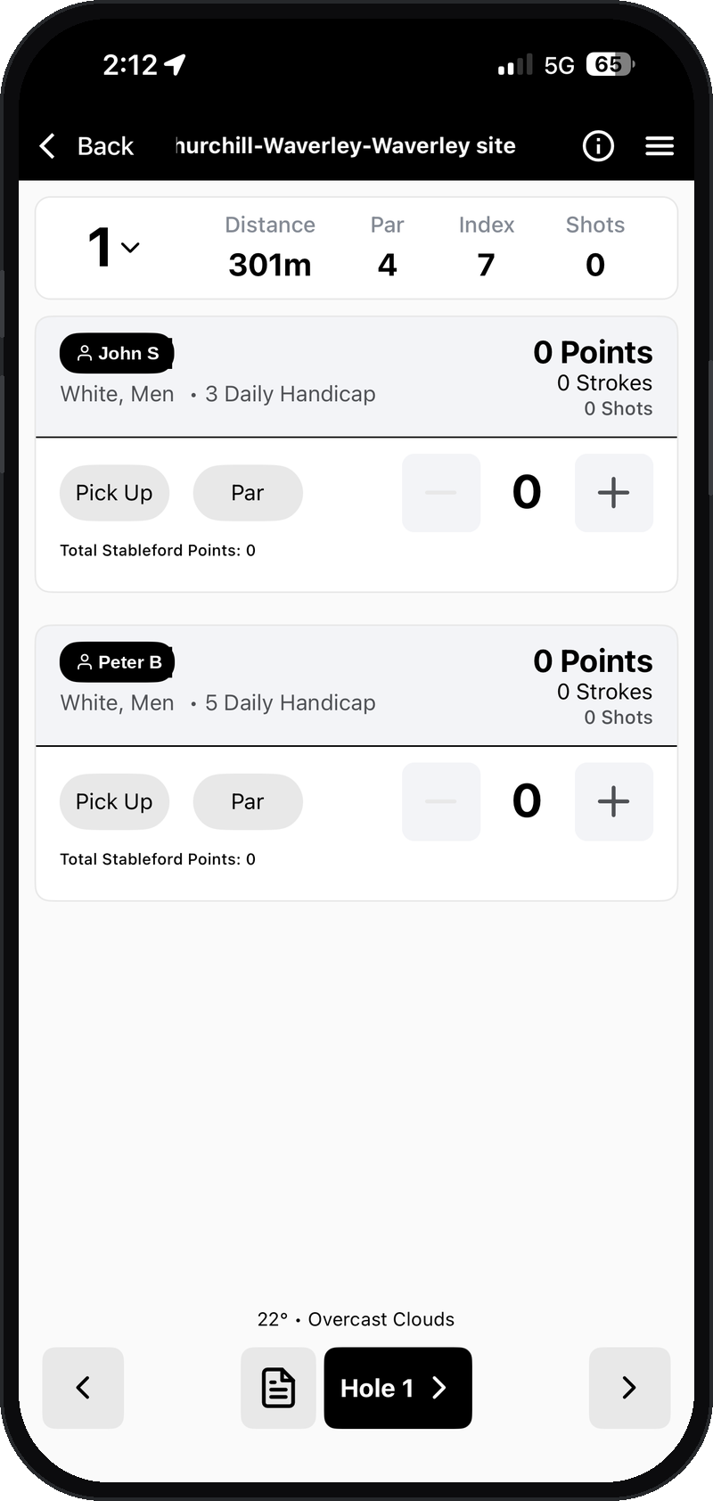 Live Scoring hole screen showing the score entry controls for both players