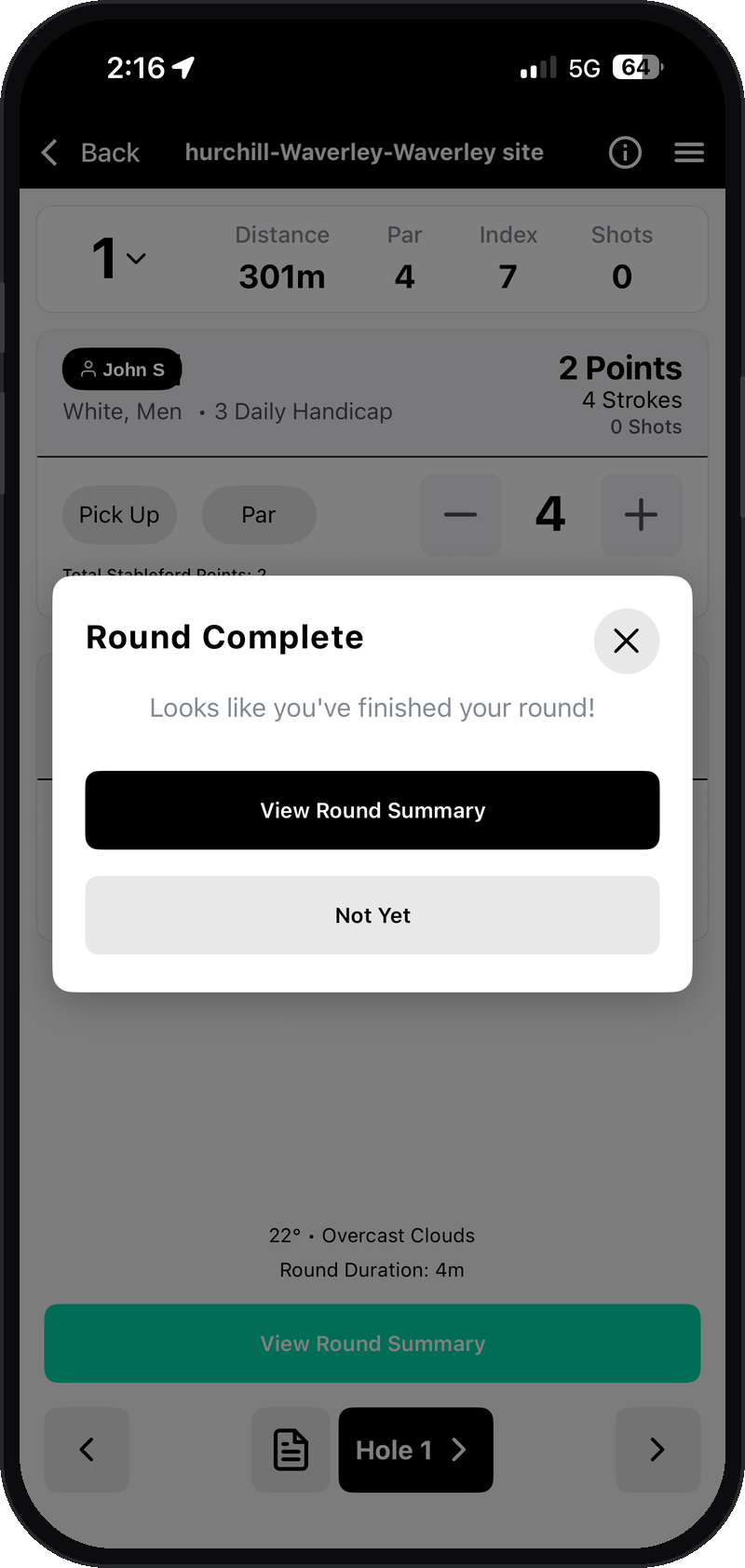 Round Complete prompt offering to view the round summary