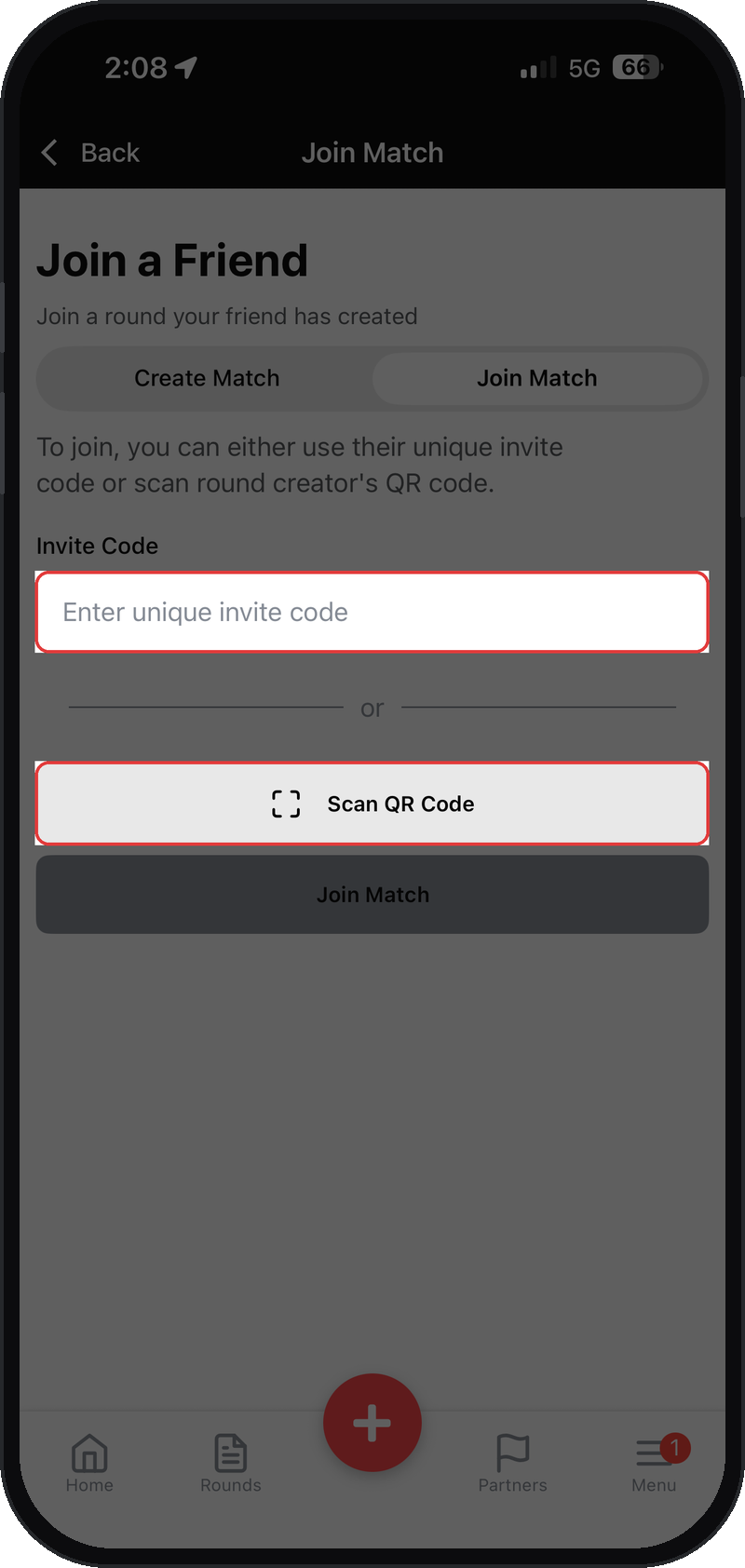 Join a Friend screen with the Invite Code field and Scan QR Code button highlighted