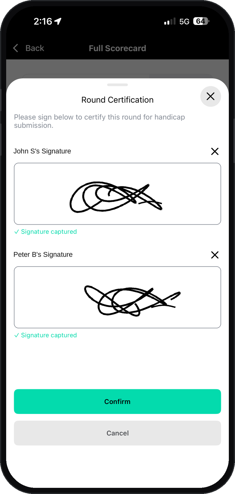 Round Certification screen showing both players' signatures captured and the Confirm button