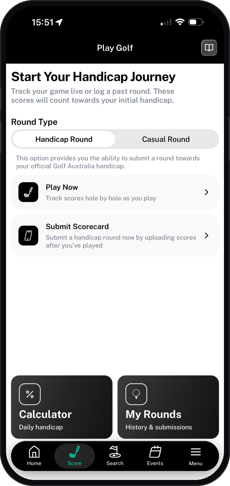 Play Golf screen in the Future Golf App with Handicap Round selected, showing the Play Now and Submit Scorecard options