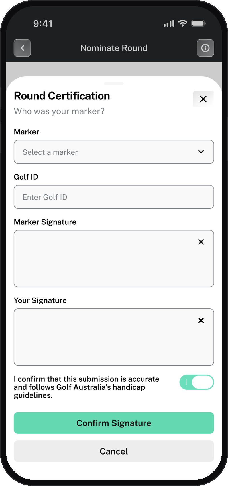 Round Certification screen with fields for the marker, their Golf ID, and signature boxes for both the marker and the player