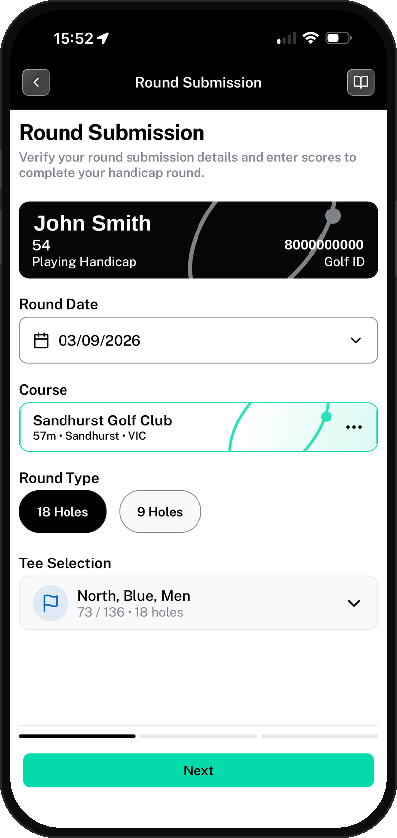 Round Submission screen showing the round date, course, round type and tee selection fields