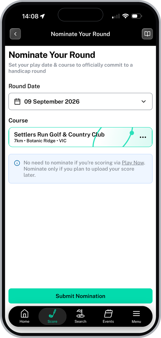 Nominate Your Round screen with round date and course selected