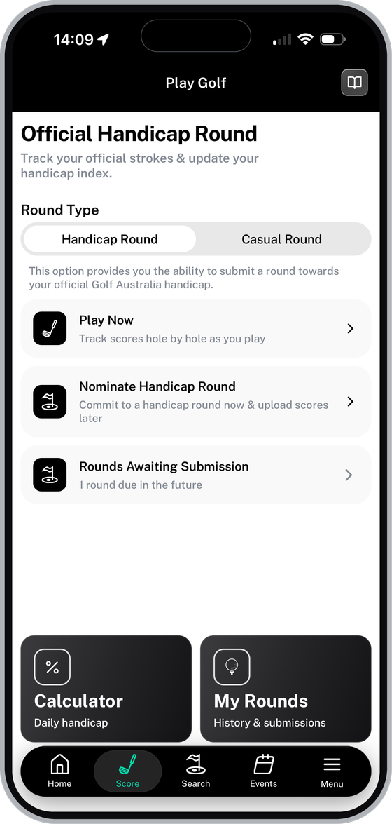 Play Golf screen showing Rounds Awaiting Submission