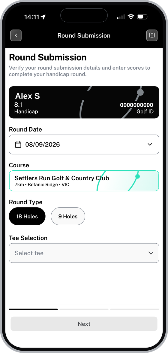 Round Submission screen with tee selection