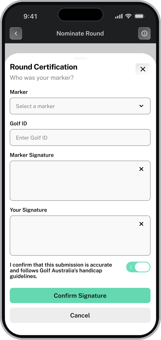 Round Certification screen with marker and signature fields