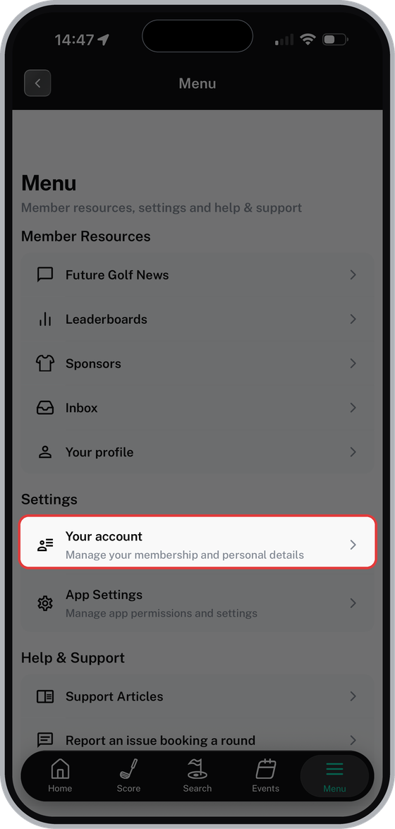Menu screen with Your account highlighted
