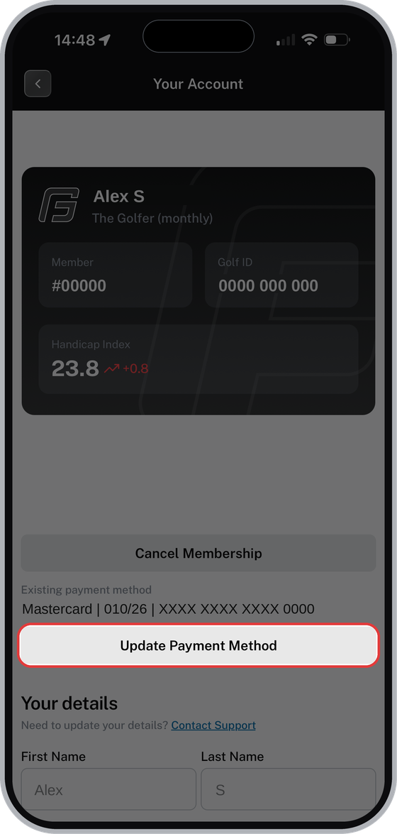 Your Account screen with Update Payment Method highlighted