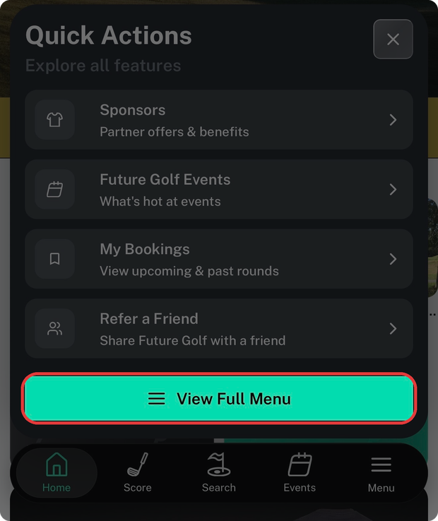 Quick Actions panel with View Full Menu highlighted