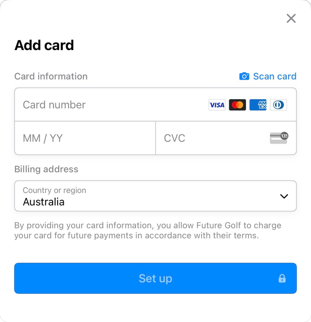 Add card screen with card number, expiry and CVC fields