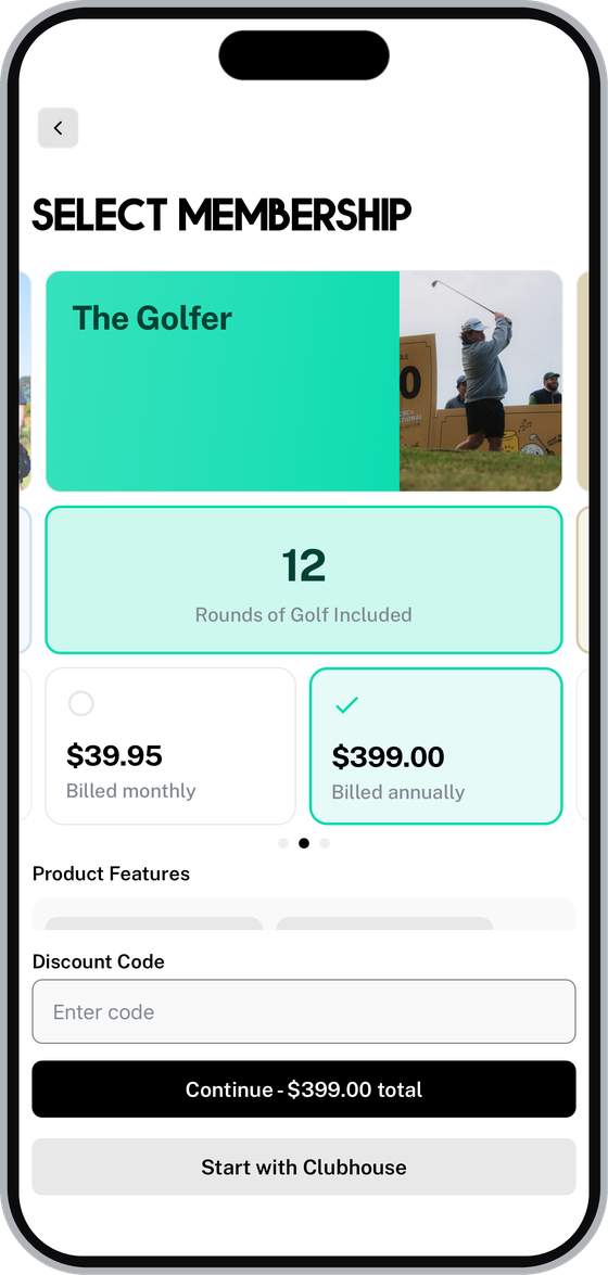 Select Membership screen showing plan options and pricing