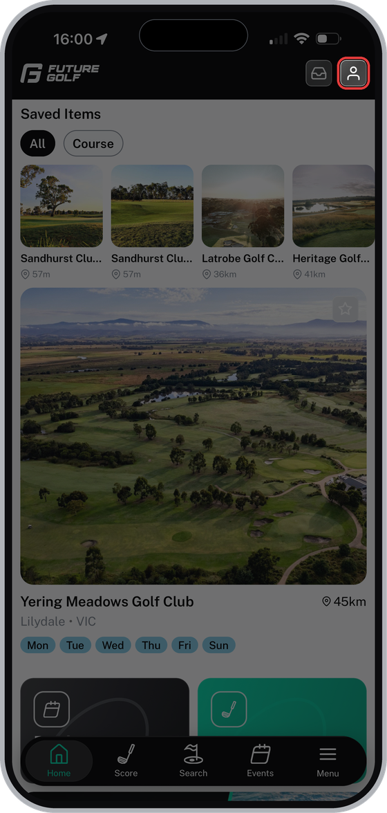 Future Golf home page with the profile icon highlighted