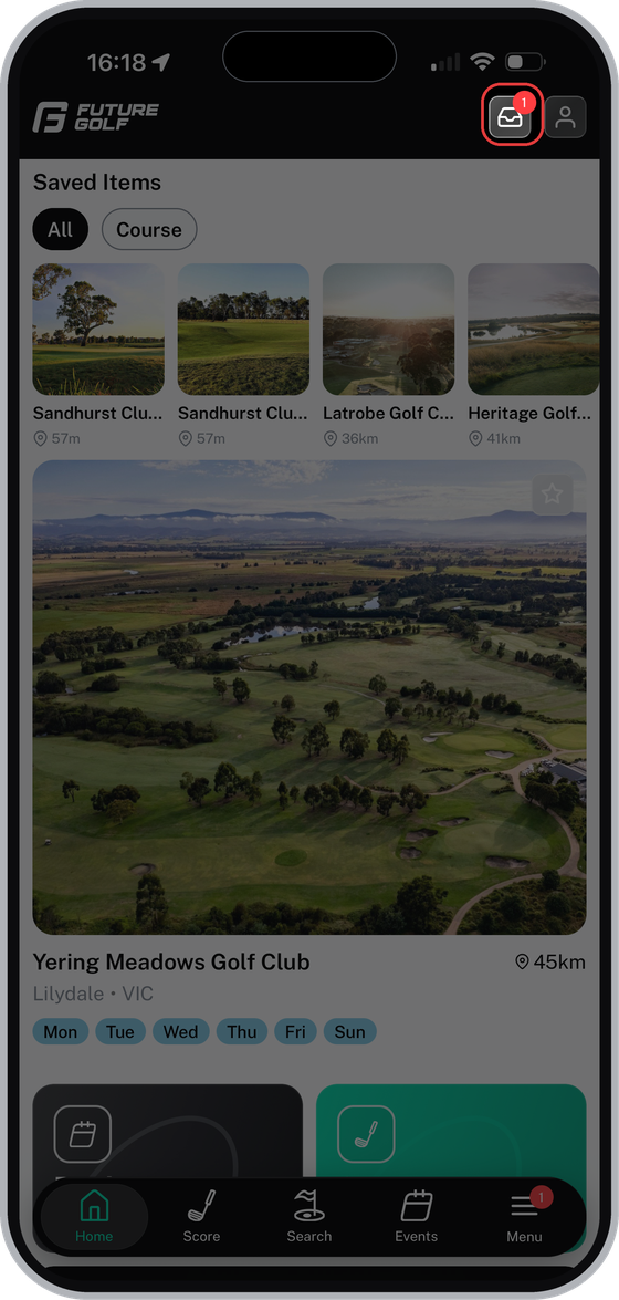 Future Golf home page with the inbox icon highlighted