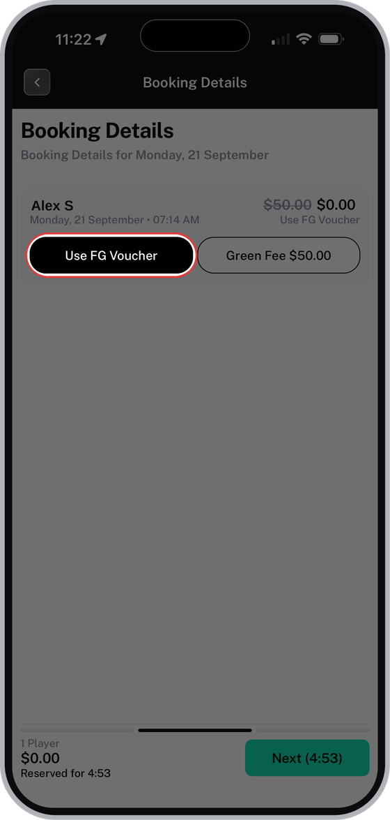Booking Details page with the Use FG Voucher option highlighted