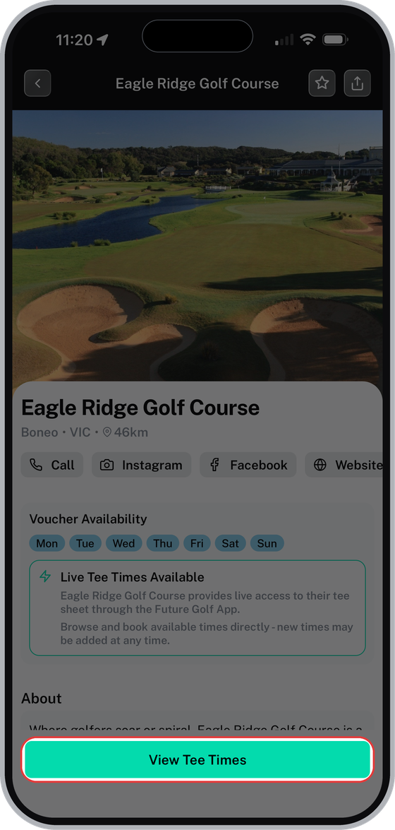 Course page with the View Tee Times button highlighted