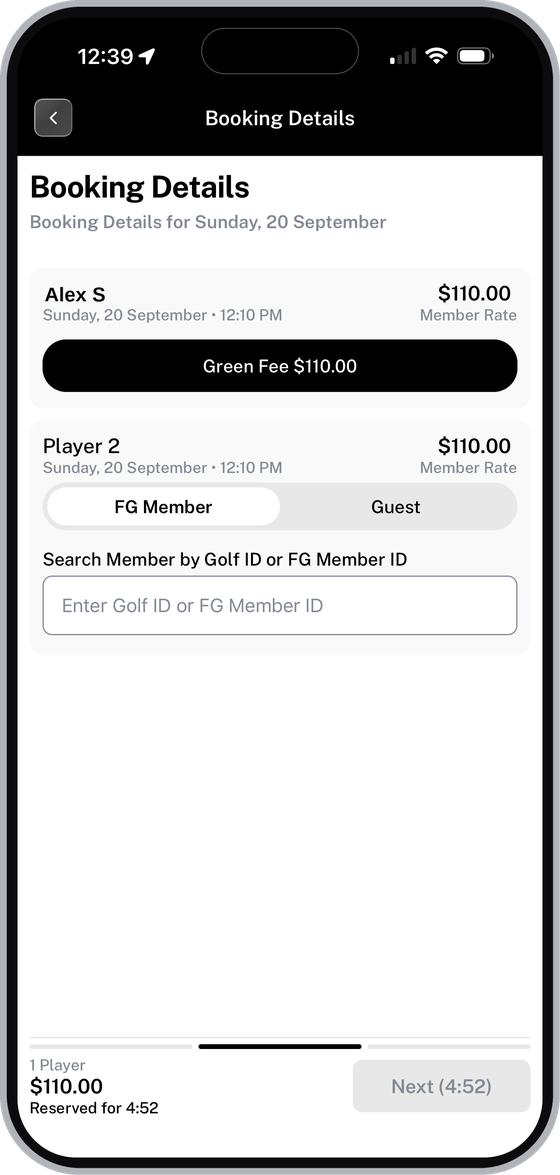 Booking Details with your own spot and the option to add a second player