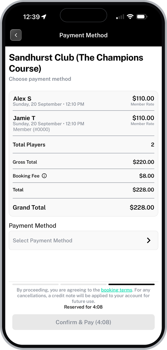 Payment Method page showing each player, the booking fee and the grand total