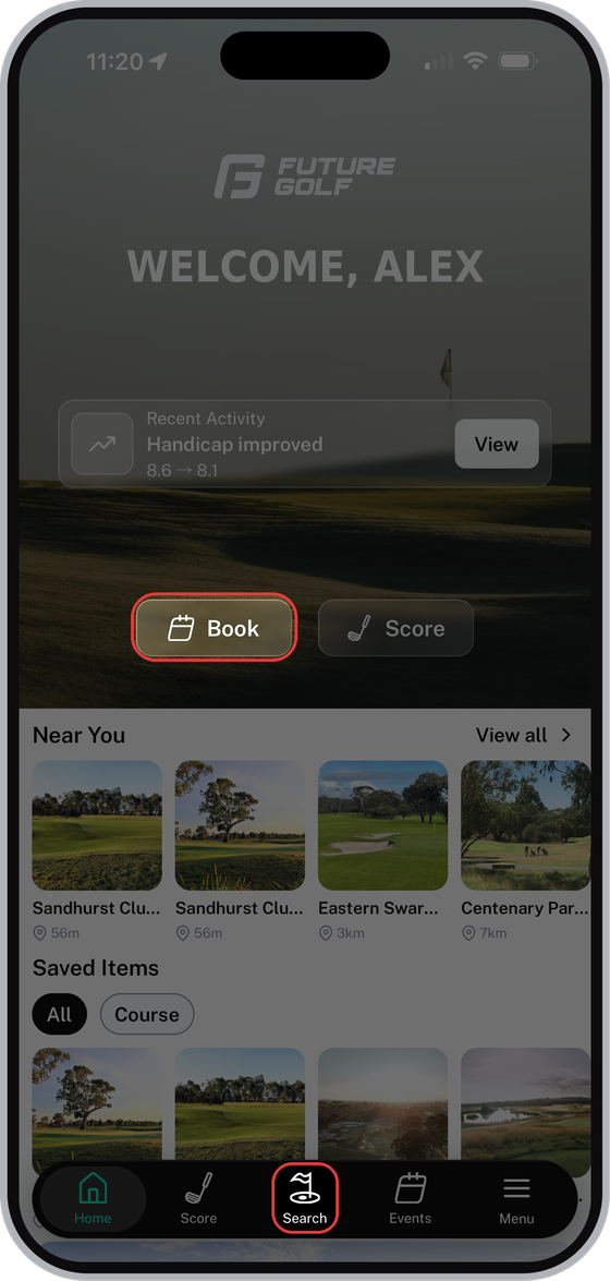Future Golf home page with the Book button and Search tab highlighted