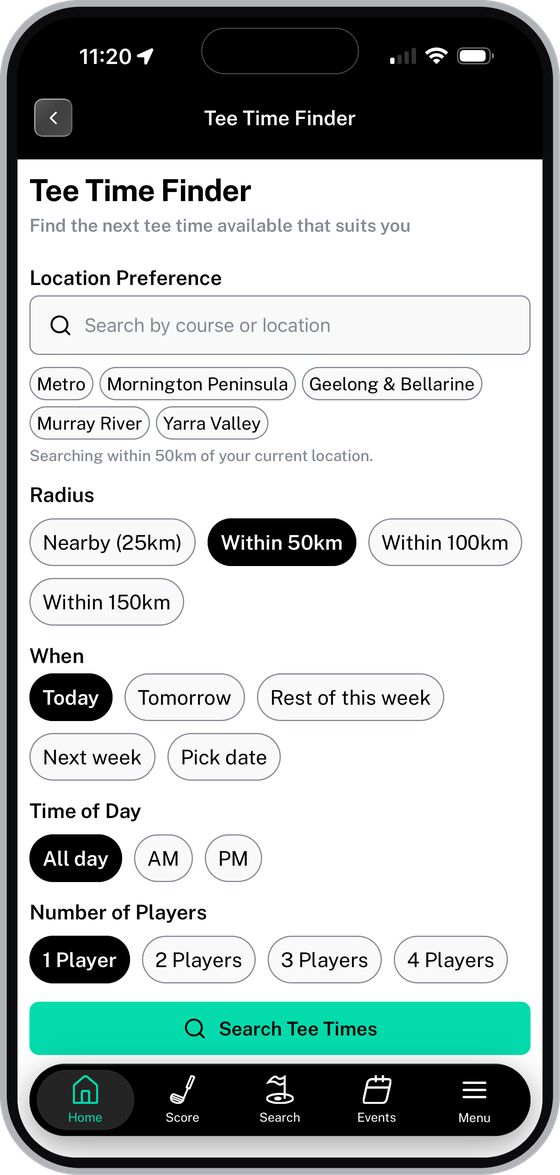 Tee Time Finder with location, radius, date and player filters