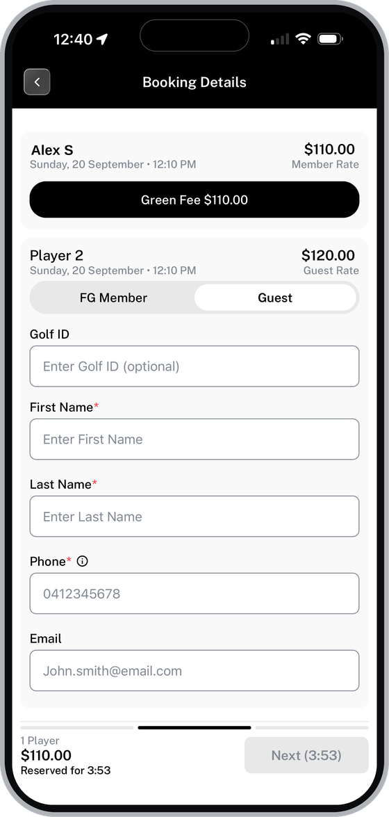 Second player added as a Guest showing the guest rate and details form