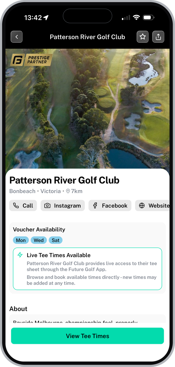 Prestige course page with live tee times and a View Tee Times button