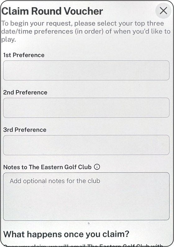 Claim Round Voucher form with three date and time preference fields and a notes box