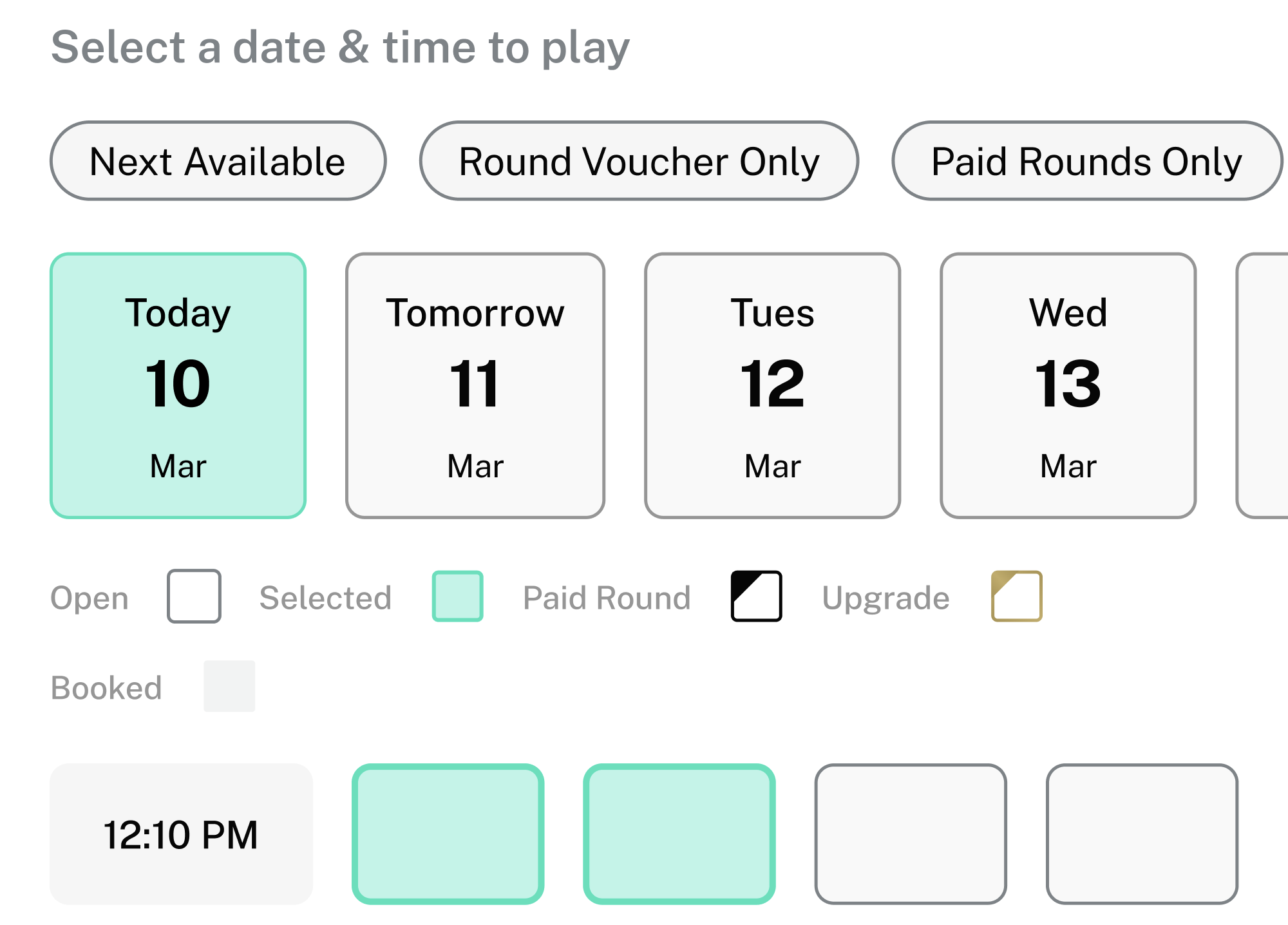 Tee sheet legend explaining what each icon and colour means