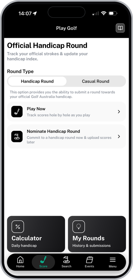 Play Golf screen with the Handicap Round tab, Play Now and Nominate Handicap Round options