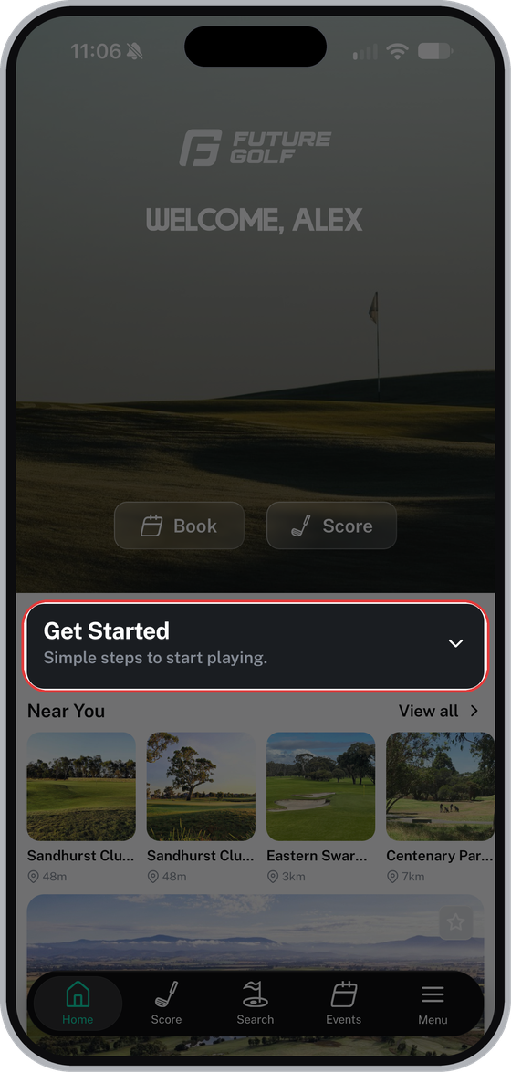 Future Golf home page with the Get Started panel highlighted