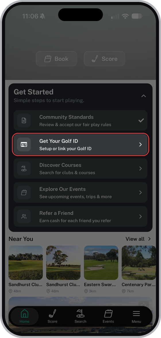 Expanded Get Started panel with Get Your Golf ID highlighted