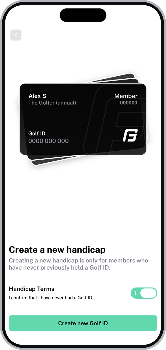 Create a new handicap screen with the Handicap Terms toggle and the Create new Golf ID button
