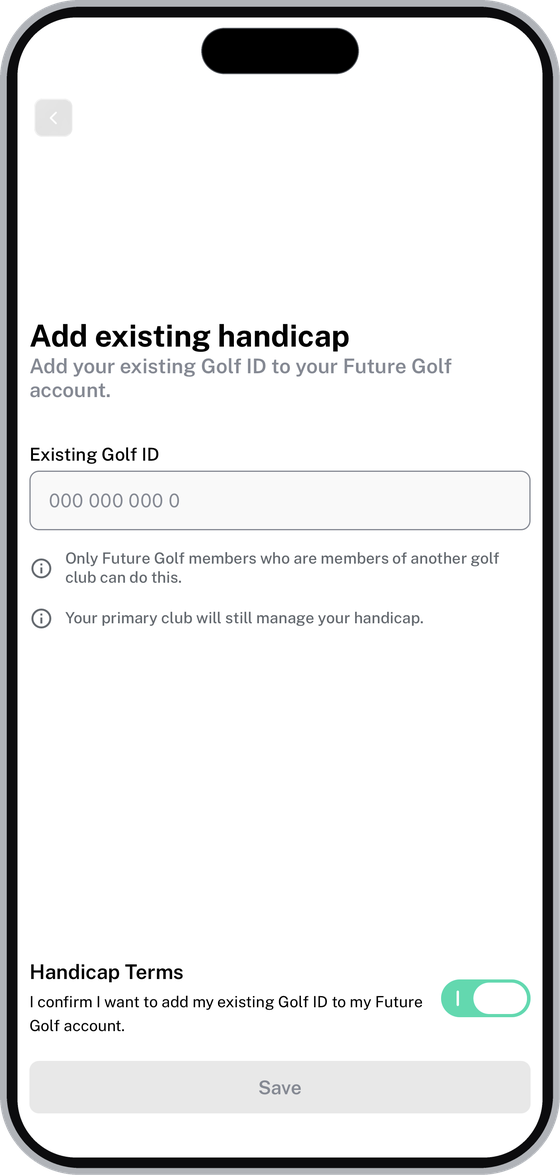 Add existing handicap screen with the Existing Golf ID field, the Handicap Terms toggle and the Save button