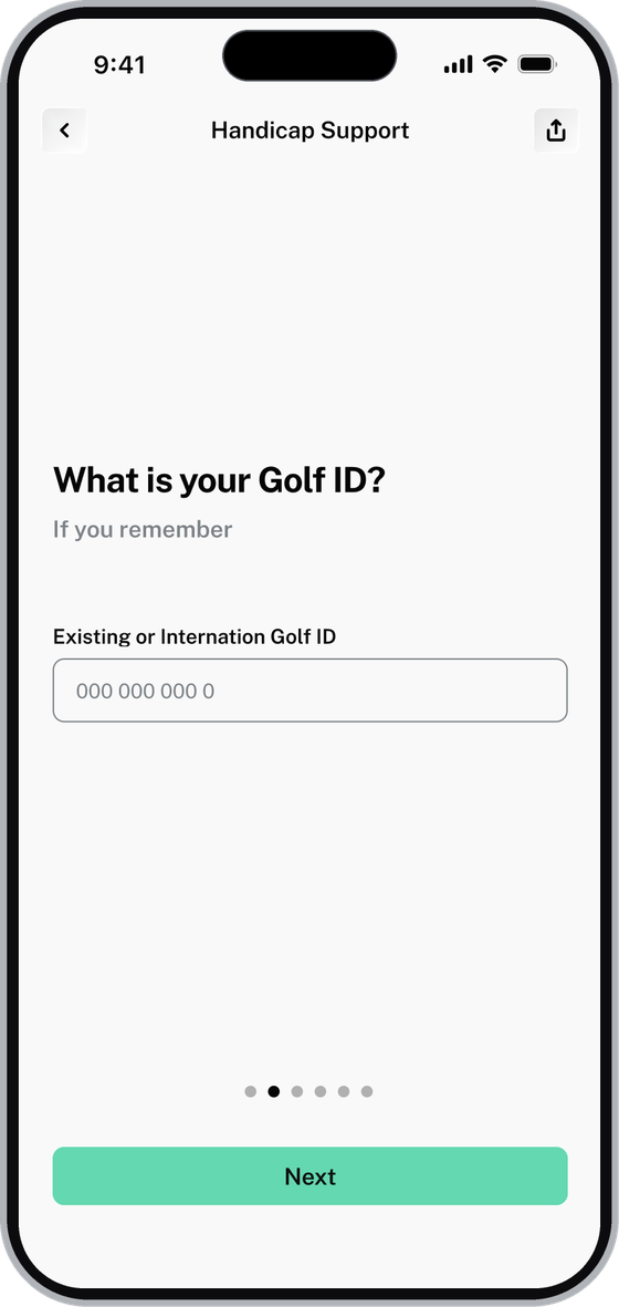 Handicap Support screen asking What is your Golf ID with a Golf ID field