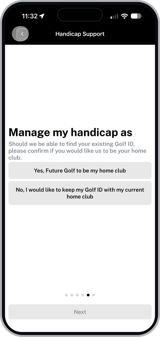 Manage my handicap as screen with options for Future Golf or your current home club