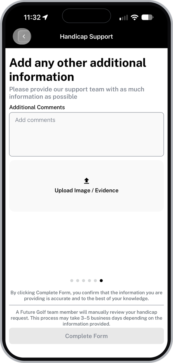 Add any other additional information screen with comments, image upload and the Complete Form button