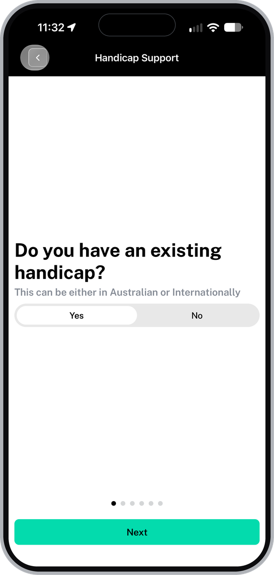 Handicap Support screen asking Do you have an existing handicap with Yes and No options