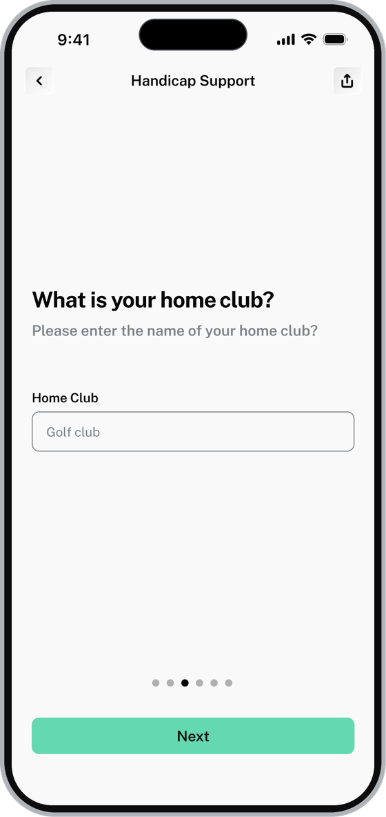 Handicap Support screen asking What is your home club with a Home Club field