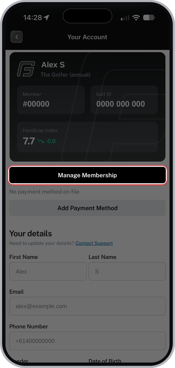 Your Account screen with the Manage Membership button highlighted