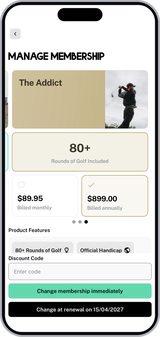 Manage Membership screen for an upgrade, with Change membership immediately and Change at renewal options