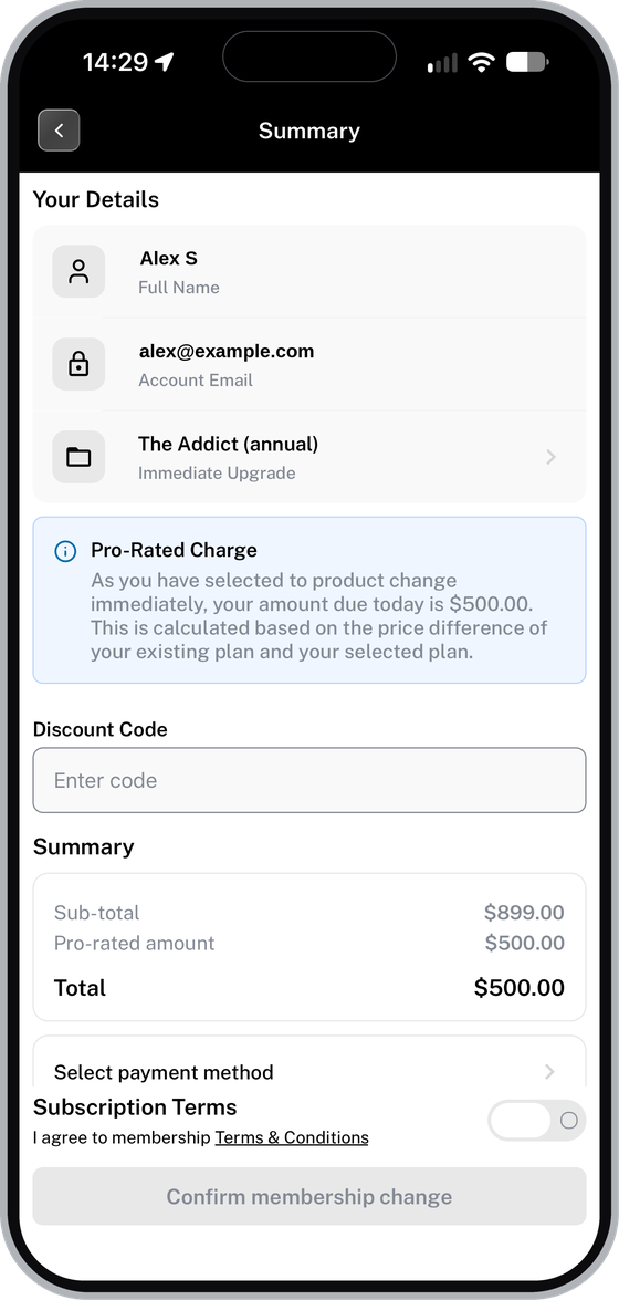 Summary screen for an immediate upgrade showing the pro-rated charge and total due today